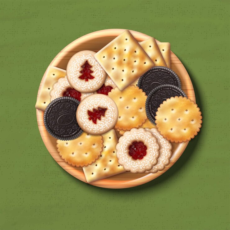 ビスケットvector-realistic-illustration-different-types-of-cookies-on-the-plate-crackers-chocolate-cookies_134830-1140