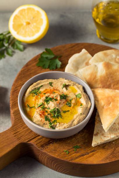 Homemade Eggplant Babaganoush Dip with Olive Oil and Pita Bread